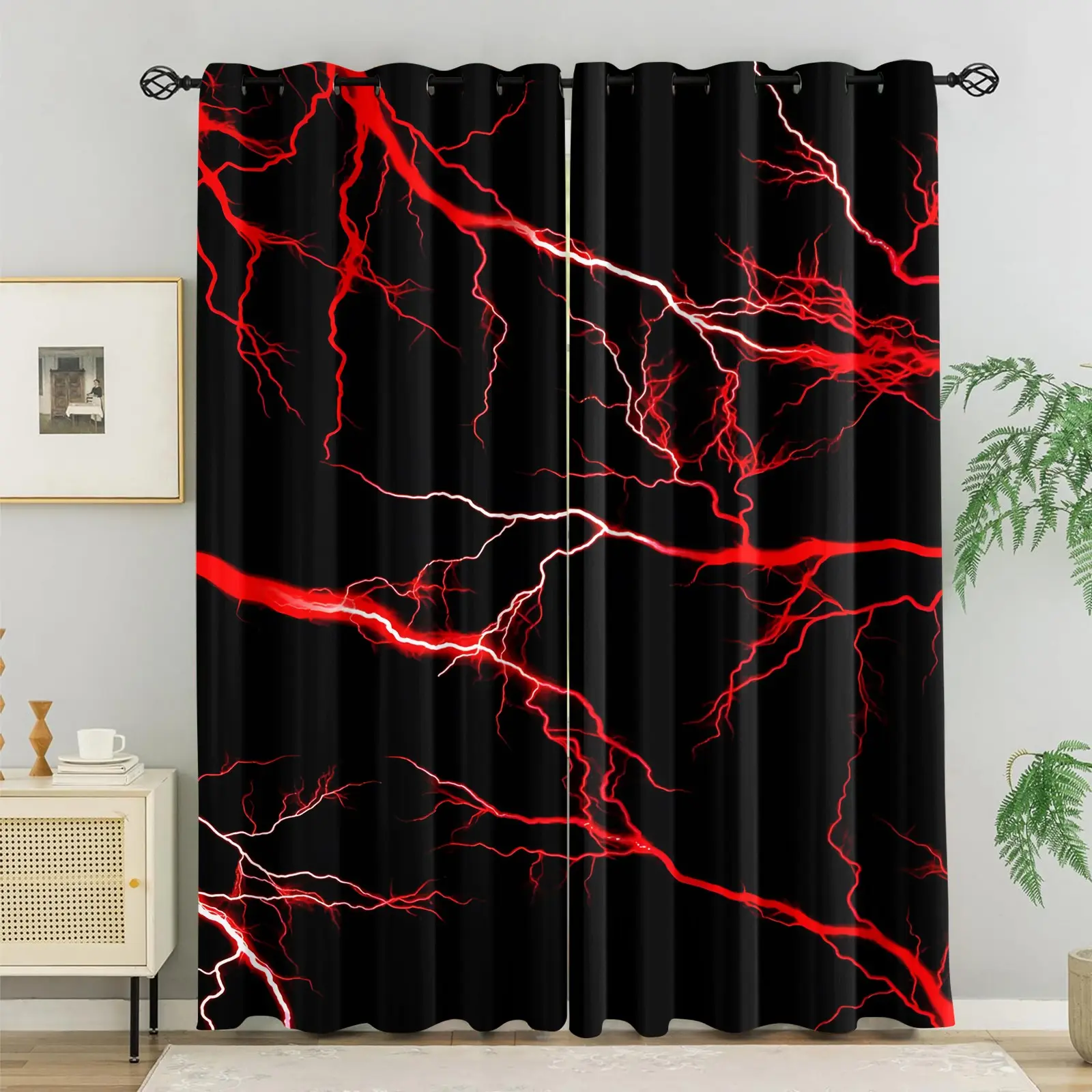 Red and White Lightning/Thunderstorm Themed Blackout Curtains (Set of 2) – Punk-Style Electric Bolt Pattern Drapes; Suitable for Gothic-Style Bedrooms, Living Rooms, and Studies; Offers Excellent Light-Blocking and Thermal Insulation Properties.