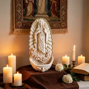 Wall Mounted Virgin Mary Holy Water Font with Rosary Holder, Resin Religious Wall Decor, Home Church Baptism Confirmation Gifts, Religious Decorations