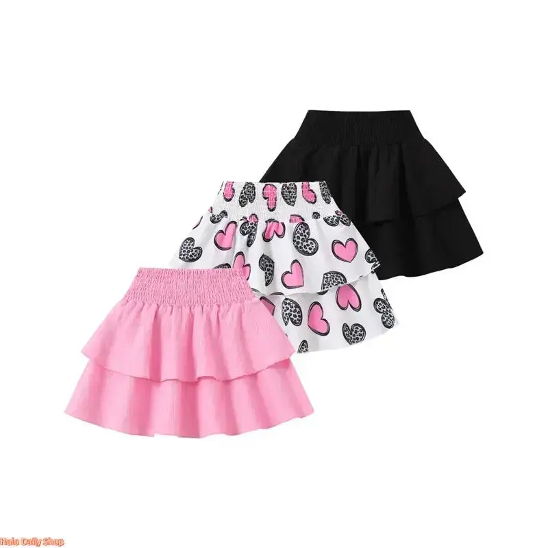 Women's 3-Piece Summer Solid-Color Heart Print Midi Skirts Set - Elastic-Waist Ruffled, Princess-Style Tulle, Stylish Versatile Easy-to-Style Skirts for Casual Outfits