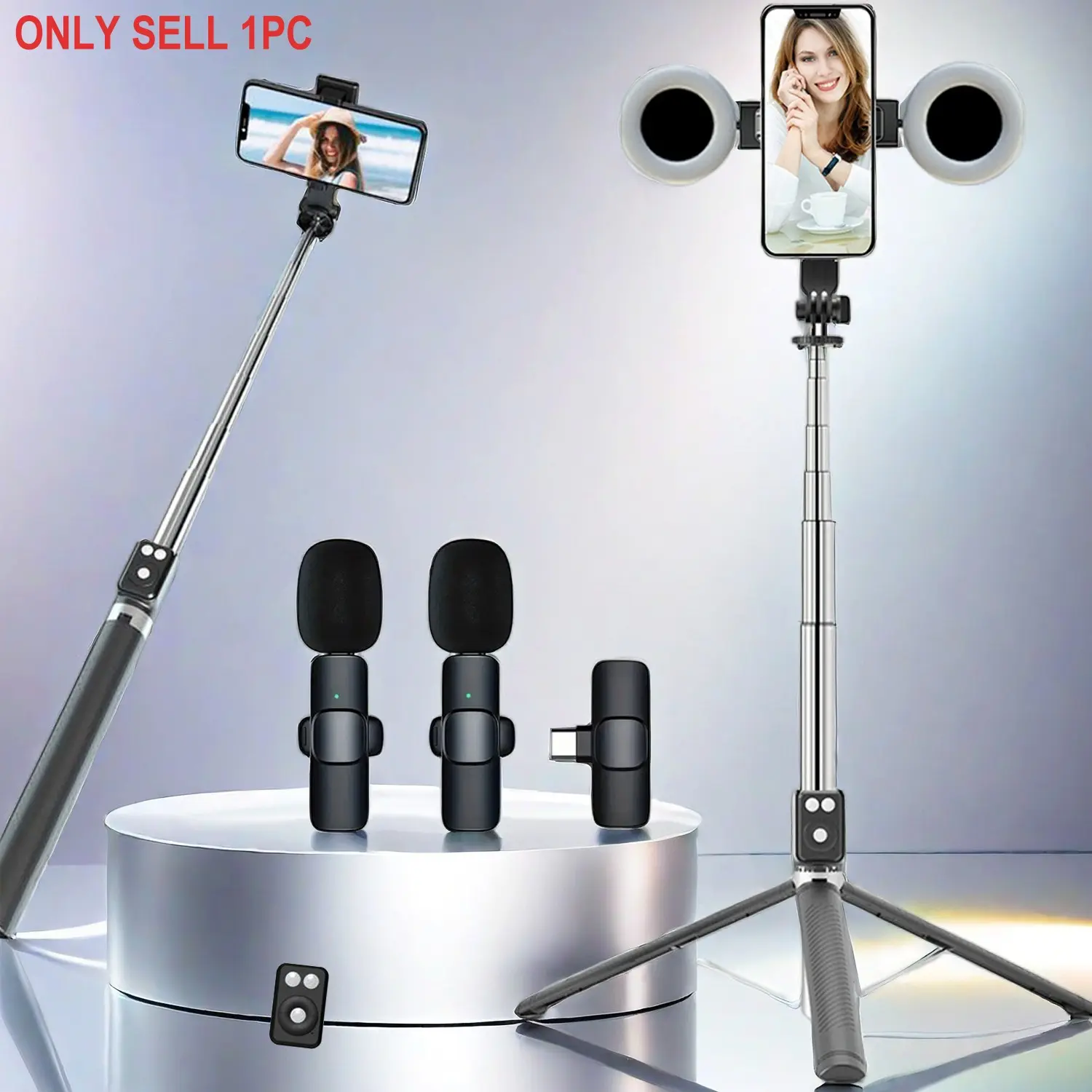 Junior 5-In-1 Vlog Kit, 67-Inch Selfie Stick/tripod, Wireless Dual Lavalier Mic, Light, Remote, Tiktok Creator Essential Gear