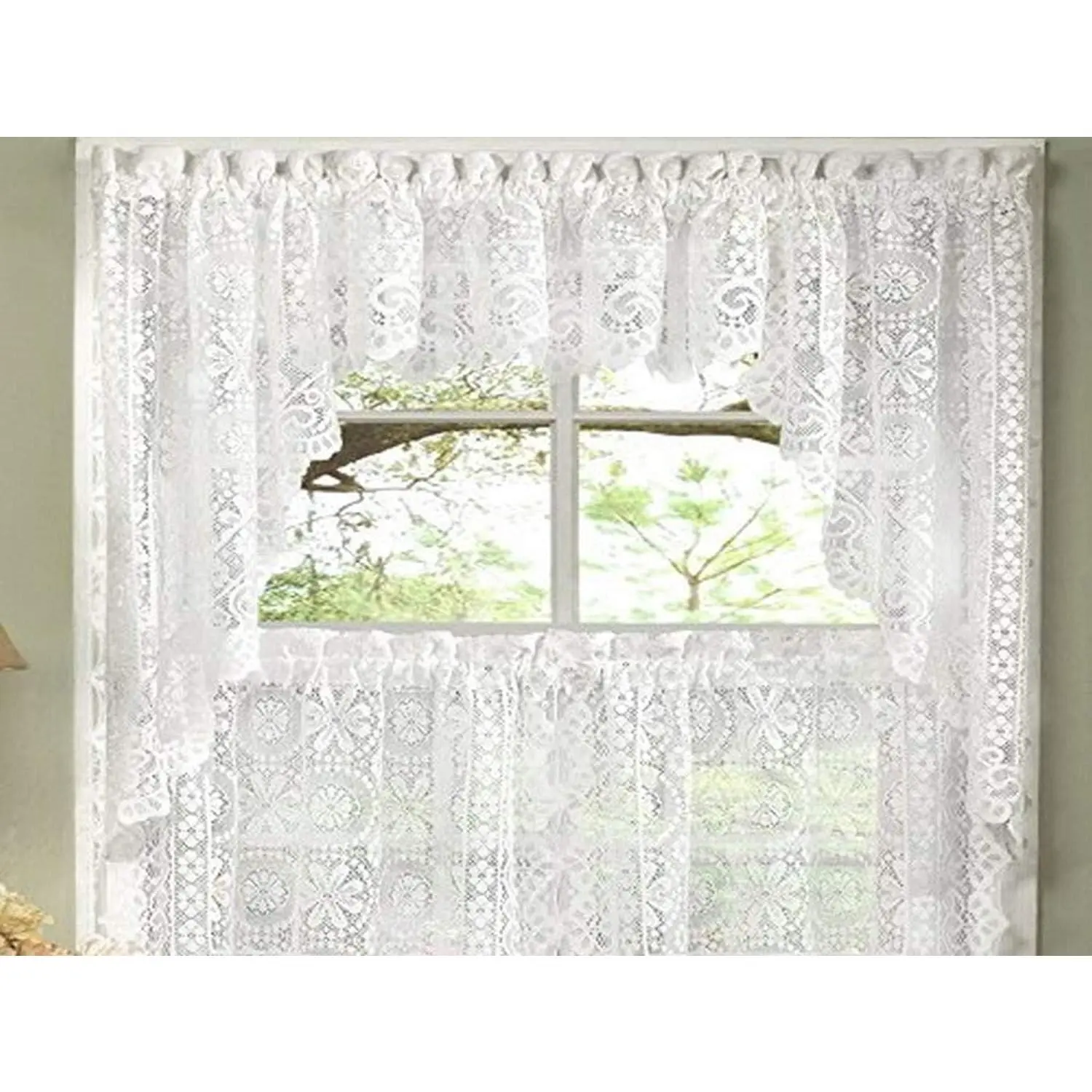 Sweet Home Collection Old World Style Floral Heavy Lace Kitchen Curtain Swag Pair, White, Multi-Size, Ideal for Kitchen Decor Ideas