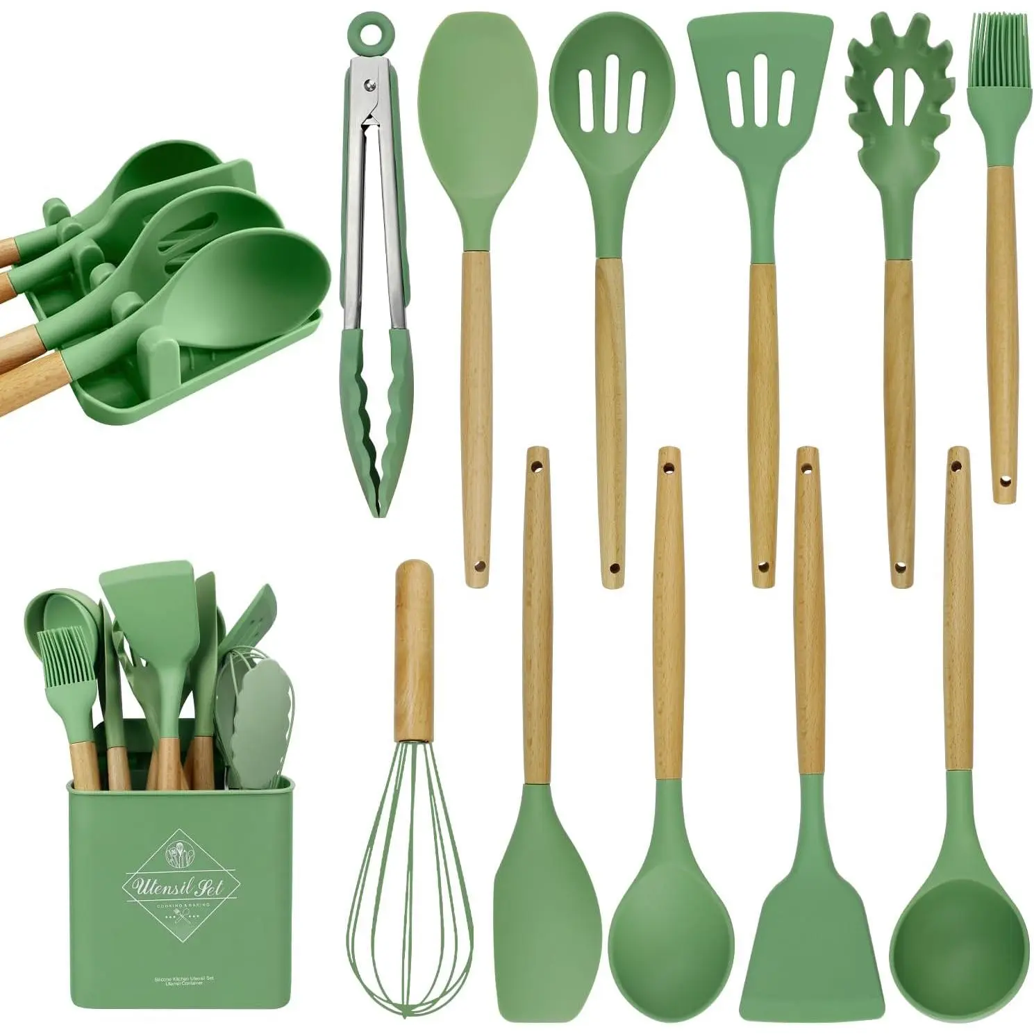 Cooking Utensils Set, Heat Resistant Kitchen Utensils Set, Spatula,Turner Tongs,Spoon,Brush,Whisk, Cooking Kitchen Utensils Spatula Set, Nonstick Cookware(sage green)