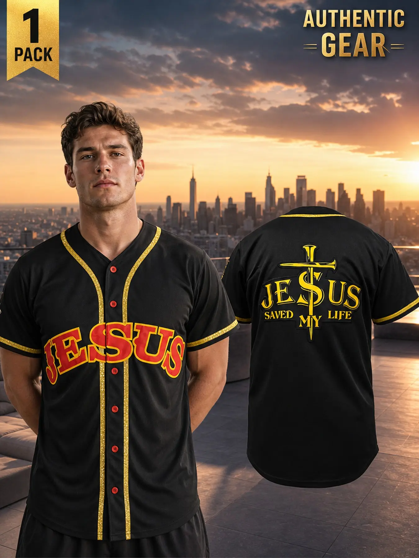 Men's "JESUS" Stitched Baseball Shirt, Athletic Tops, Casual Short Sleeve V-Neck Comfortable & Breathable Baseball Jersey, Button Front Shirt, Ideal for Outdoor Sports & Games, Parties,Unisex, All Seasons