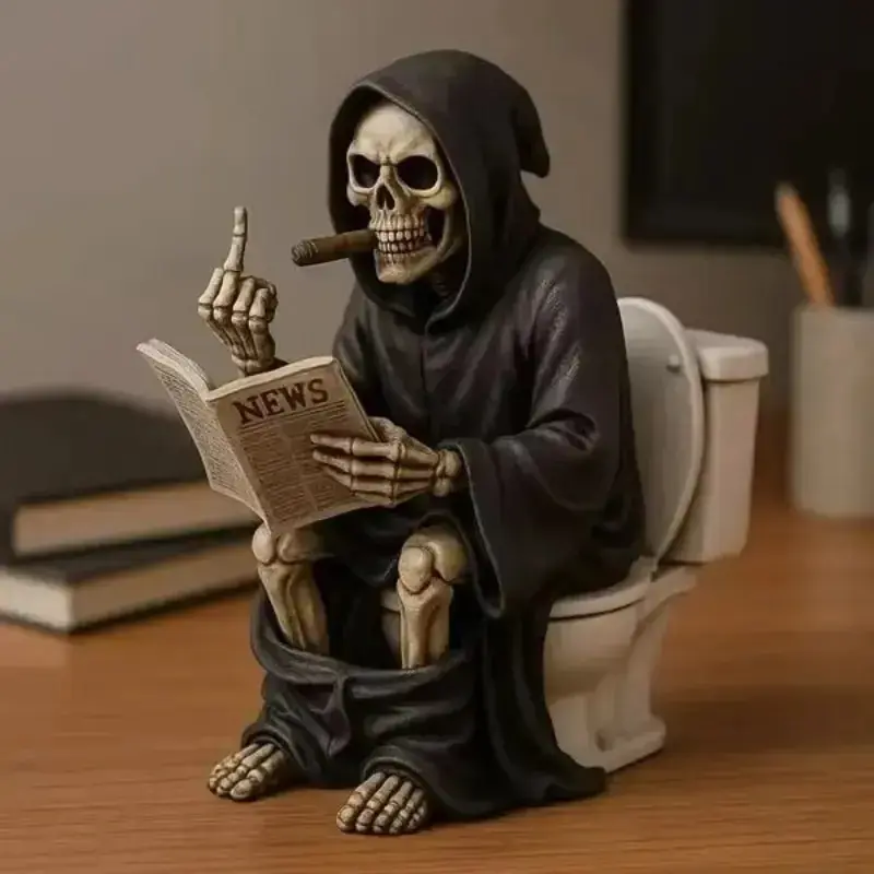 Funny Skeleton on Toilet Figurine, Resin Novelty Tabletop Statue, Halloween Desk Decor for Office, Study Room, Bookshelf, Bathroom Shelf and Gift Display