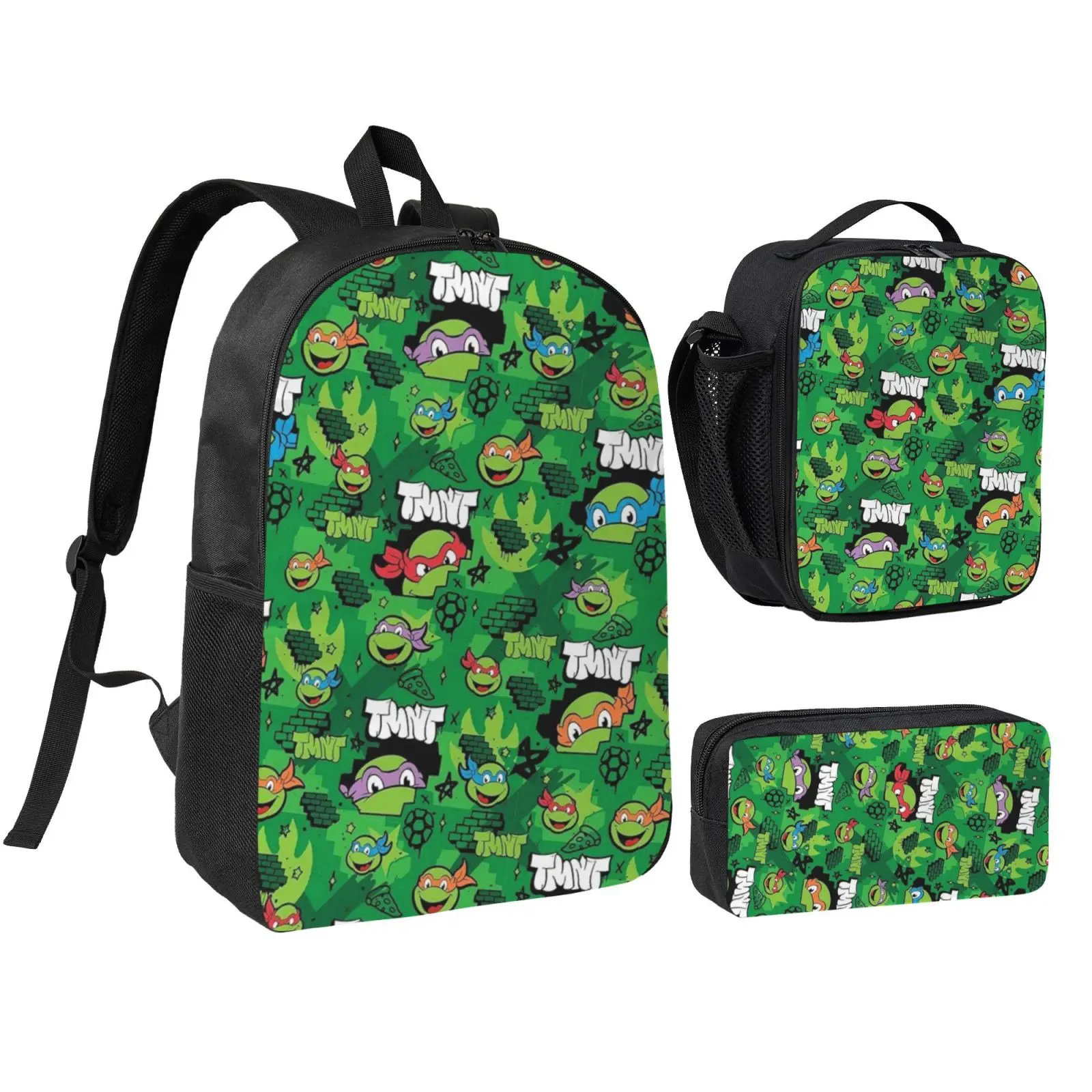 Anime Ninja Turtle 3Pcs School Backpack Set for Teens Boys Girls, Adjustable Strap Kids Bookbag with Insulated Lunch Bag & Pencil Case, Lightweight Travel Office Daypack