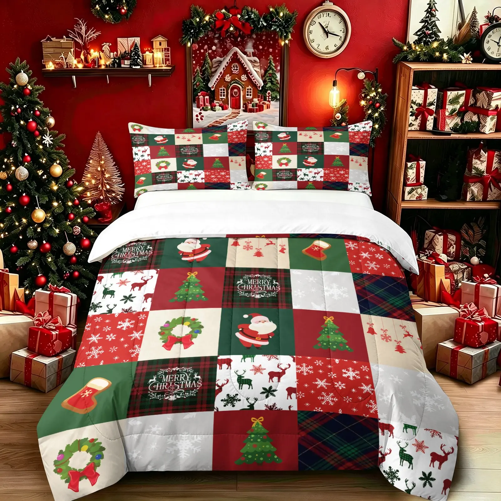 Christmas Patchwork Santa Reindeer Print Comforter Set, Includes 1 Quilt and 1-2 Pillowcases, Holiday Plaid Tree Snowflake Pattern Print, Gift for Kids, Teens and Adults, Festive Gift for Christmas Decor Enthusiasts