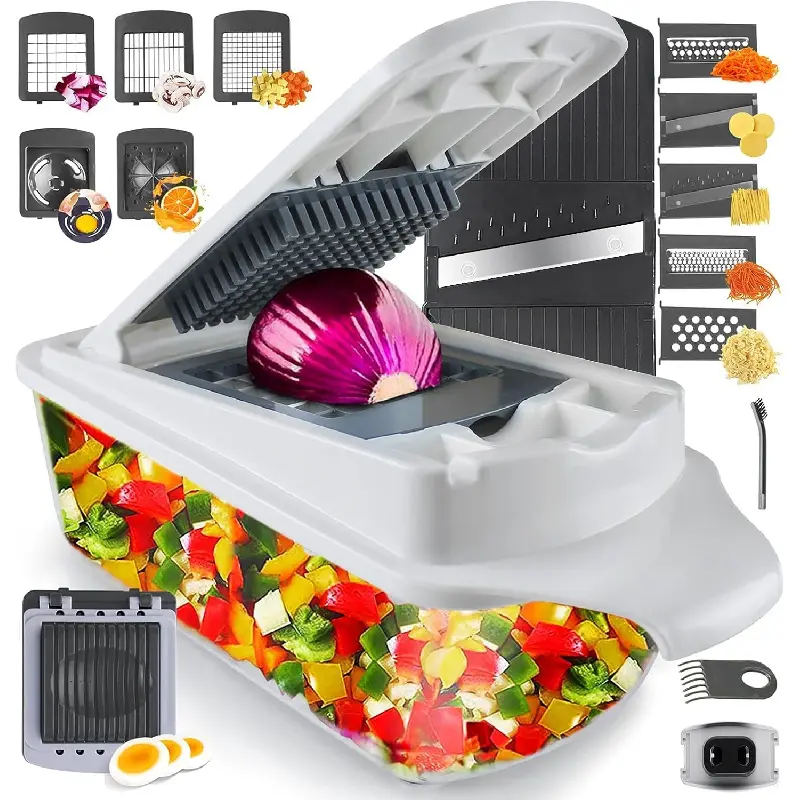 Vegetable Chopper Slicer Onion Dicer, Multi 22-in-1 Veggie Mandoline Food Cutter for Tomato Fruit with Lemon Squeezer, E-Recipe, 11 Blades, Egg Separator & Slicer, Container