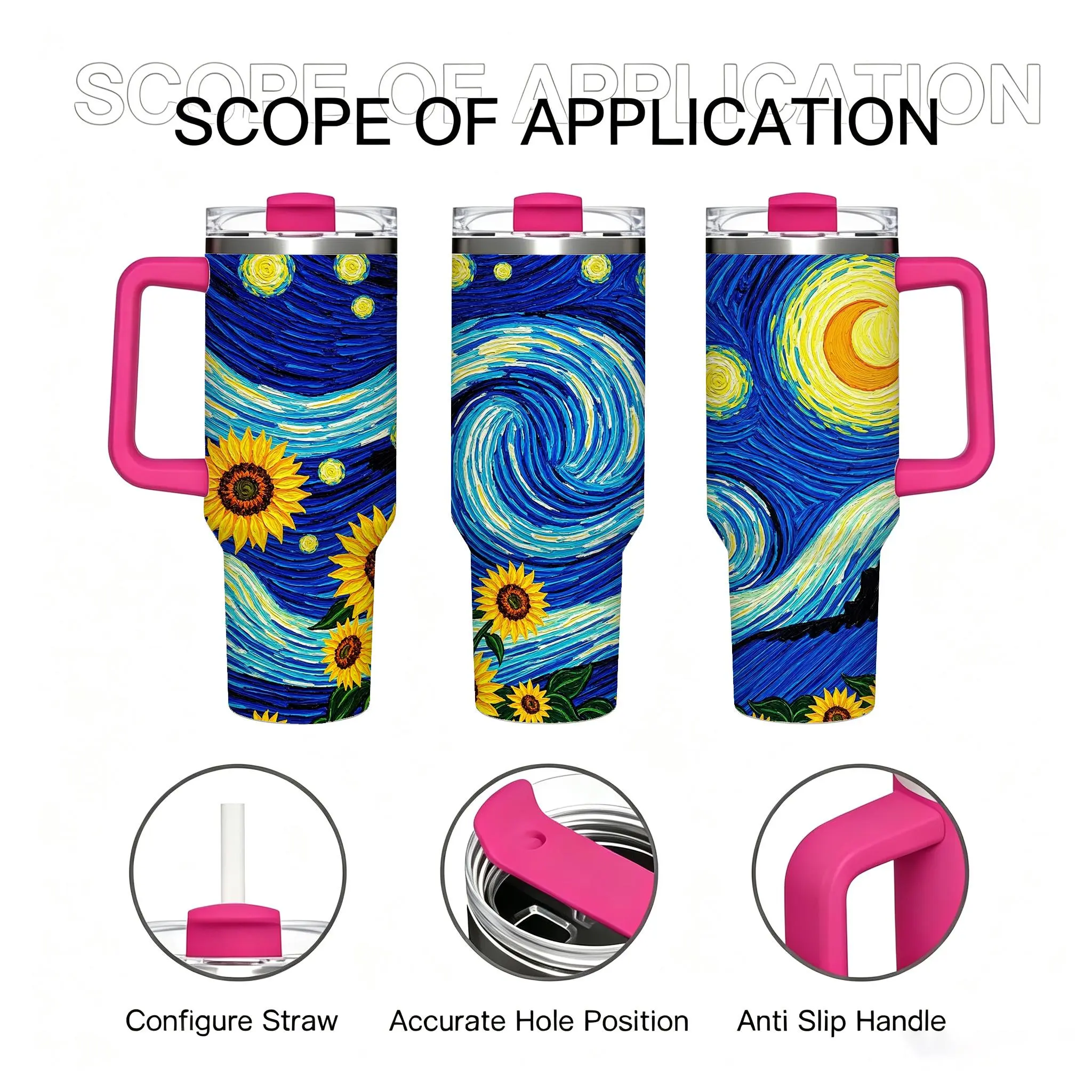 40oz Sturdy Portable Printed Double Layer Tumbler Shape Insulated Stainless Steel Vacuum Flask - Vintage Starry Night Sunflower Art Travel Coffee Mug with Handle, Lid, Metal Straw, Ideal Gift for Ladies, Stranger Things Dr Pepper Themed Drinkware