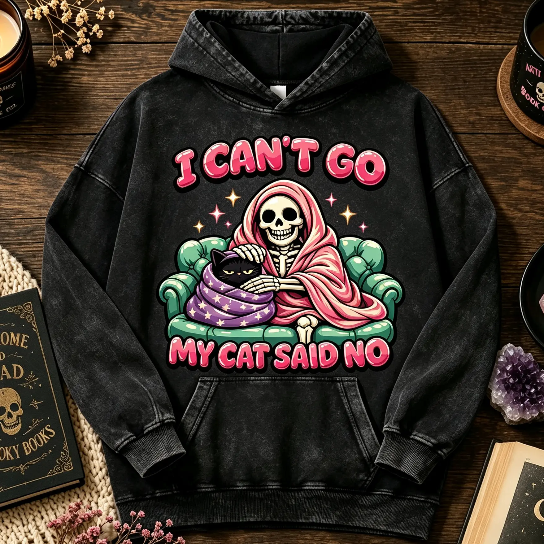 I Cant Go My Cat Said No Hoodie, Funny Cat Hoodie, Introvert Graphic Sweatshirt, Skeleton Cat Lover Top, Cozy Gothic Hoodie, Cat Mom Gift 380g Autumn VIntage Washed Hoodie Graphic Sweatshirt