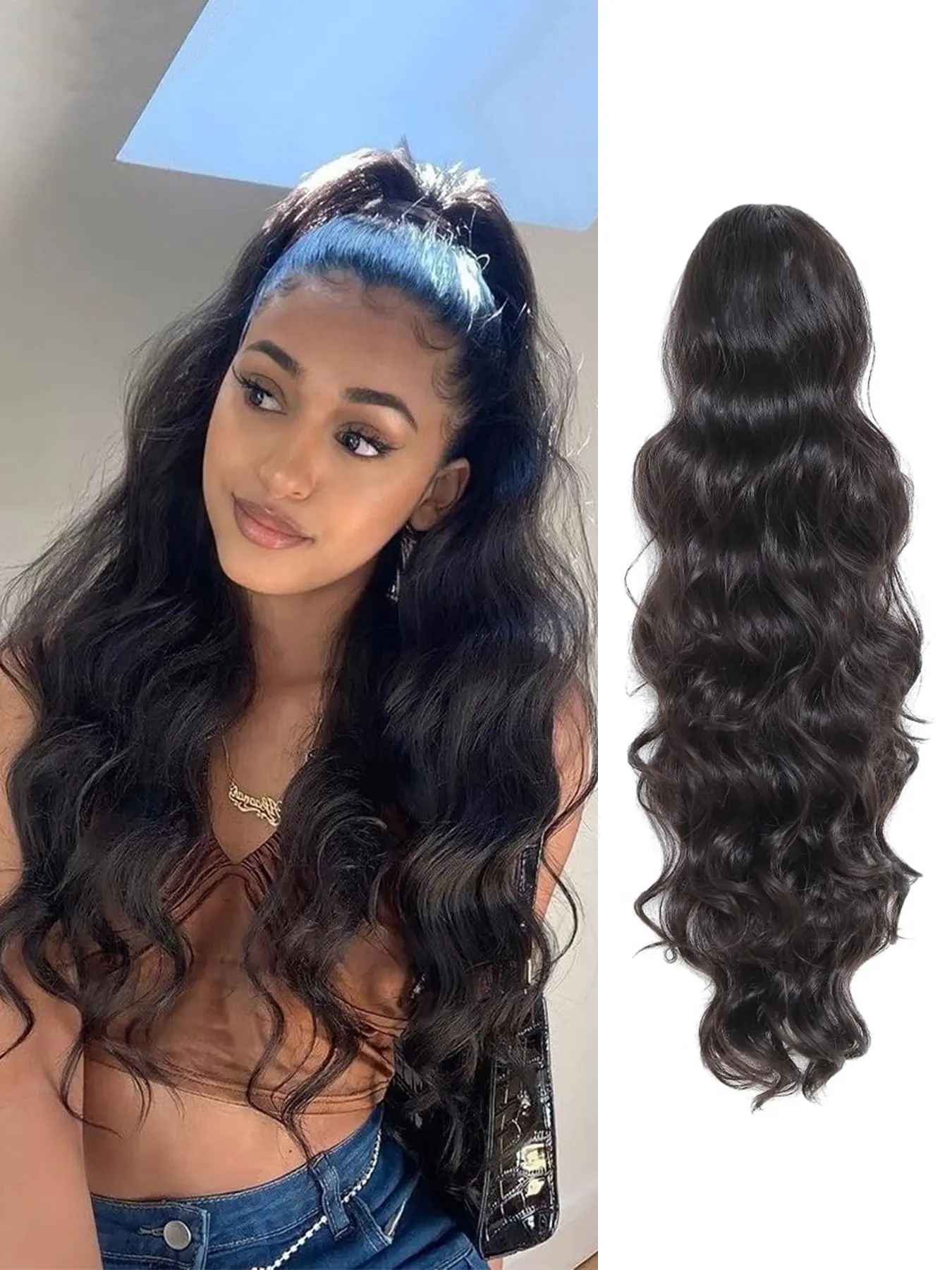 Ponytail Extension Drawstring Ponytail for Black Women Wavy Curly Ponytails Fluffy Natural Looking Pony Tails Hair Extensions Synthetic Ponytail Hairpieces Synthetic Hairpiece Long Body Wave Pony Tails Hair Pieces for Daily Use (Natural Black)