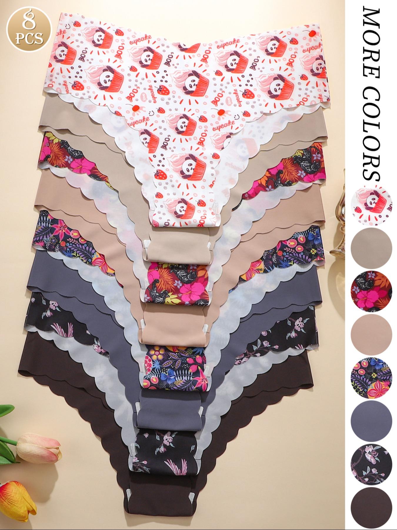 Women's Solid / Leopard Print Scallop Trim Brief, Soft Comfy Breathable Seamless Panty for Daily Wear, Women's Underwear for All Seasons, Solid Print Knicker