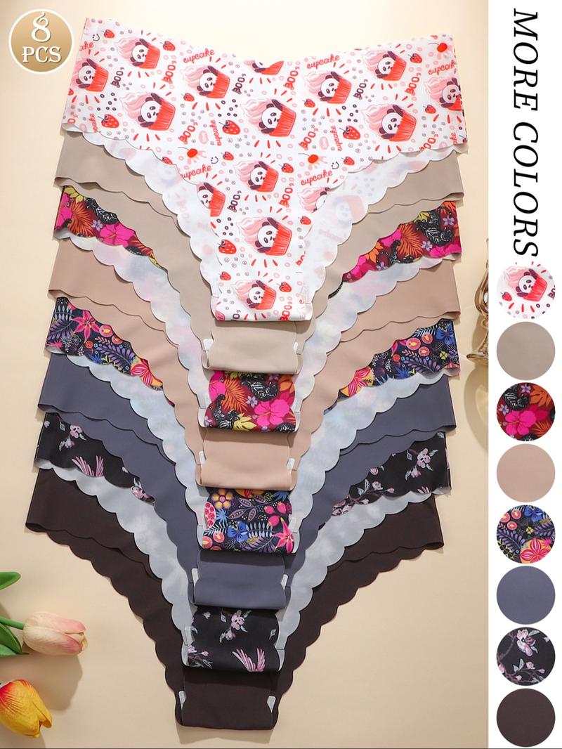 Women's Solid / Leopard Print Scallop Trim Brief, Soft Comfy Breathable Seamless Panty for Daily Wear, Women's Underwear for All Seasons, Solid Print Knicker