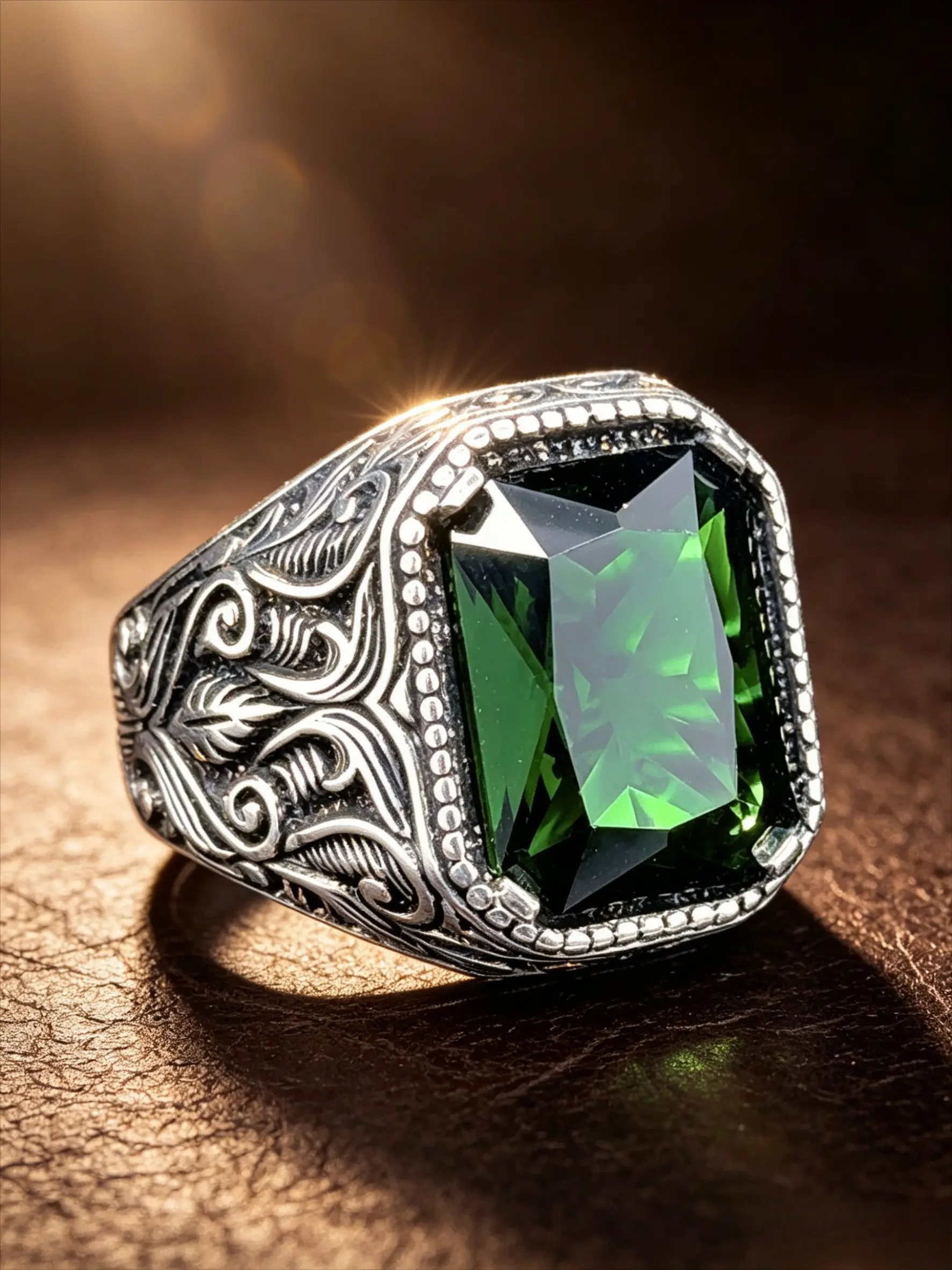 Silver Plated Rectangular Emerald Green CZ Men's Signet Ring Vintage Floral Scroll Embossed Wide Band Finger Ornament Retro Gothic Statement Accessory For Club Banquet Travel Photoshoot Valentine Father Birthday Anniversary Holiday Gift For Men Cz Rings