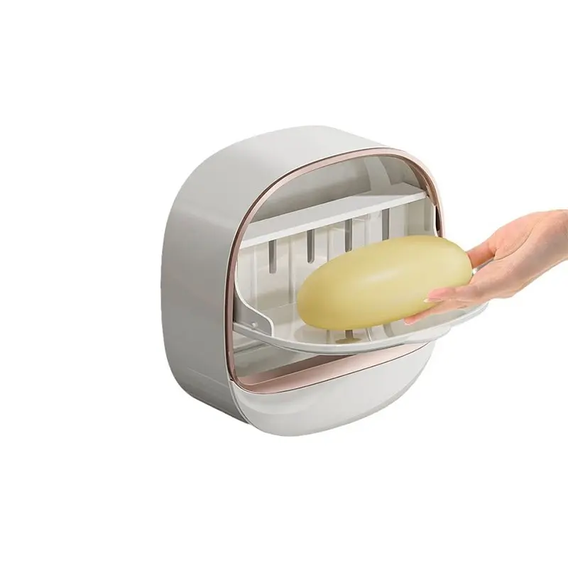 Wall-Mounted Soap Dish with Lid, No Drilling Required, Water Drain Tray Included, Plastic Oval Design, Ideal for Shower and Bathroom Use