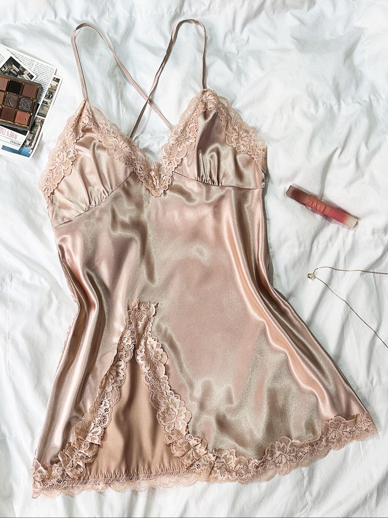 Valentine's Day Women's Contrast Lace Criss Cross Bow Back Satin Cami Nightdress, Elegant Spaghetti Strap Split Hem Backless Nightgown, Gift for Her, Dresses for Women, Women's Summer Sleepwear