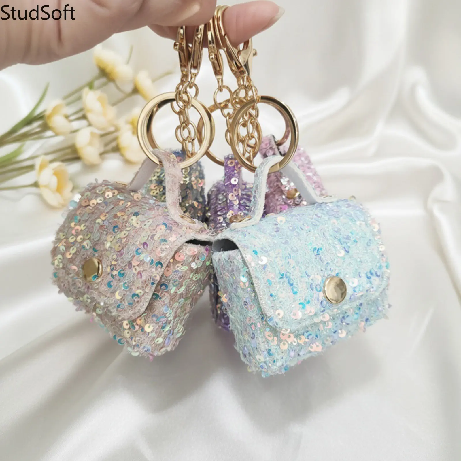 Glitter Sequins Mini Purse Keychain Back to School Season Gift Shiny Micro Satchel Coin Pouch with Handle Metal Snap Closing Bag Charm for Girls