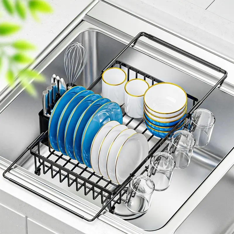 Retractable Kitchen Sink Dish Rack, Kitchen Countertop Dish Drying Rack, Retractable Over-Sink Dish Rack with Cutlery Holder and 4 Cup Holders, Built in Sink Dish Rack