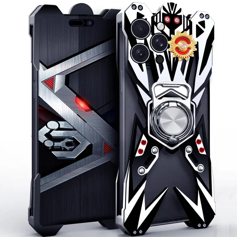 Steampunk Mecha 6063 Aluminum Alloy Case for iPhone 14 15 16 17 Pro Max, CNC Hollow Cooling Metal Armor Cover with Detachable 360 Degree Rotating Foldable Ring Stand and Magnetic Car Mount Compatibility
