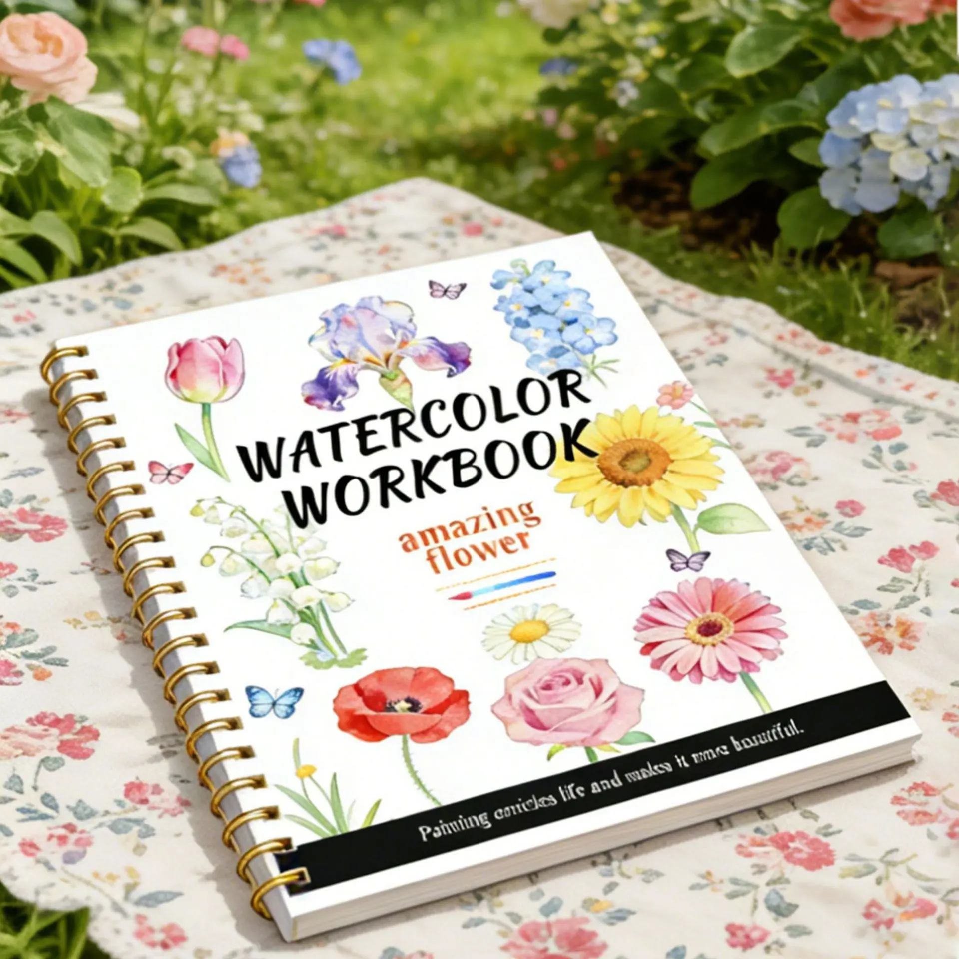 Spiral bound watercolor drawing book for beginners in painting, decompression watercolor workbook, DIY coloring book, flower theme, 12 pages of different flower painting tutorials and 2-page color matching tutorials, suitable as a gift for beginners