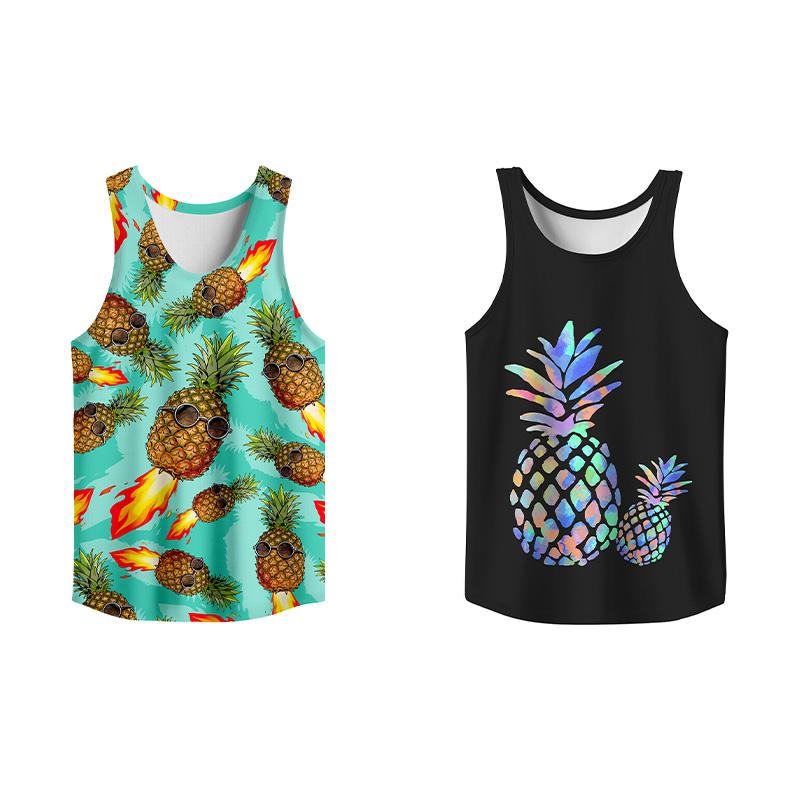 2 Pack Tropical Fruit Graffiti Tank Top, Summer Men Clothes Slim Fit Apparel, Menswear Gym Workout Comfy Casual Sleeveless for Vacation Outfit