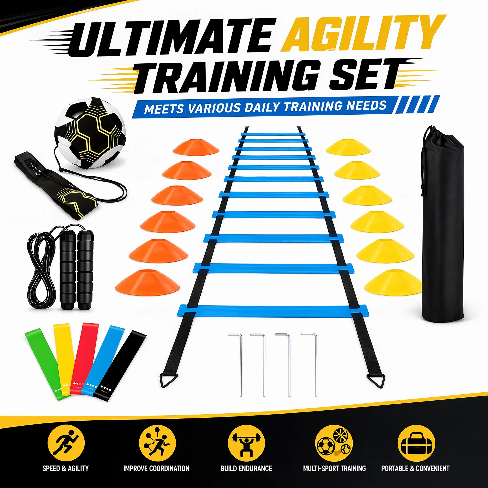 Professional Agility Training Set for Unisex Youth & Adults, Adjustable Polypropylene Ladder with 12 Cones, 1 Jump Rope, Solo Soccer Trainer, and Gym Bag for Footwork Speed Drills, 1 X Jump Rope, 1X Solo Soccer/Volleyball Trainer, Solo Trainer