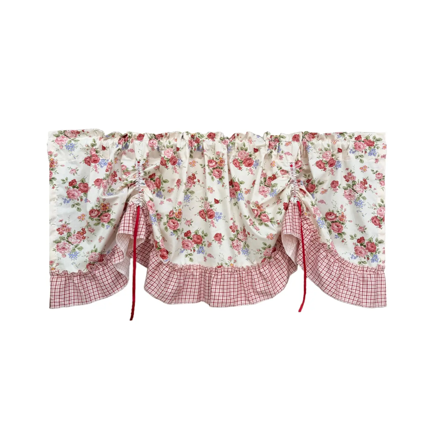 1 Panel Vintage Farmhouse Rose Plaid Ruffle Cafe Curtain with Semi-Sheer Valance - Adjustable Tie-Up Short Window Drape, Rod Pocket Light Filtering Blinds Suitable for Kitchen Sink Window, Dining Room, Low-Maintenance Panel Curtain Panels