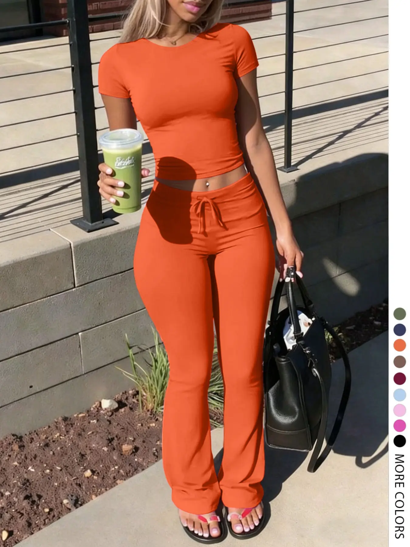 LW HOME Women's Casual Lightweight Two-Piece Set, Stylish Solid Color Round Neck Short Sleeve Top and Drawstring Pants, Summer Home Wear, Breathable Comfortable Fabric