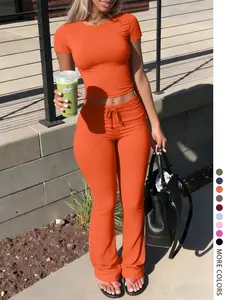 Lw Home Women's Fashion Casual Lightweight Solid Color Round Neck Short Sleeve T-Shirt and Drawstring Pants Set, Summer, Perfect for Home Wear