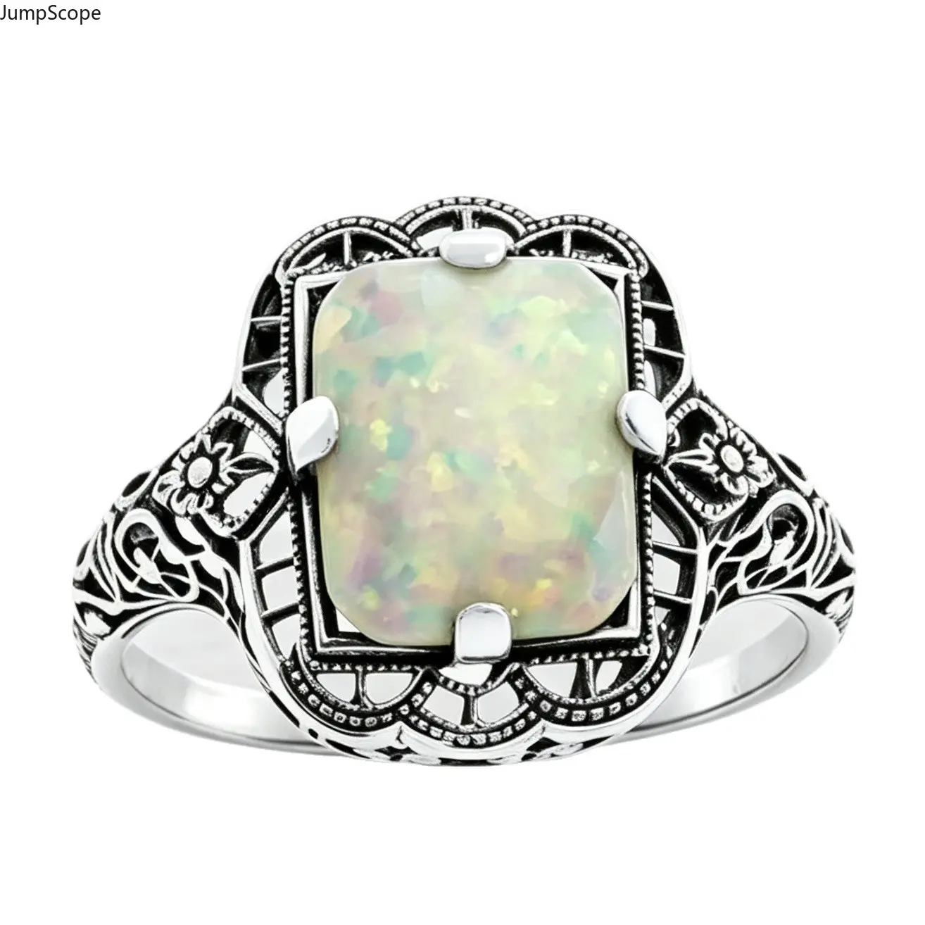 Women's Vintage Hollow Filigree Floral Rainbow Ring - Oxidized Silver-Plated Rectangle Lab-Created Rainbow Flash Opal Statement Cocktail Jewelry, MDF+Steel Daily Wear Retro Boho Finger Accessory