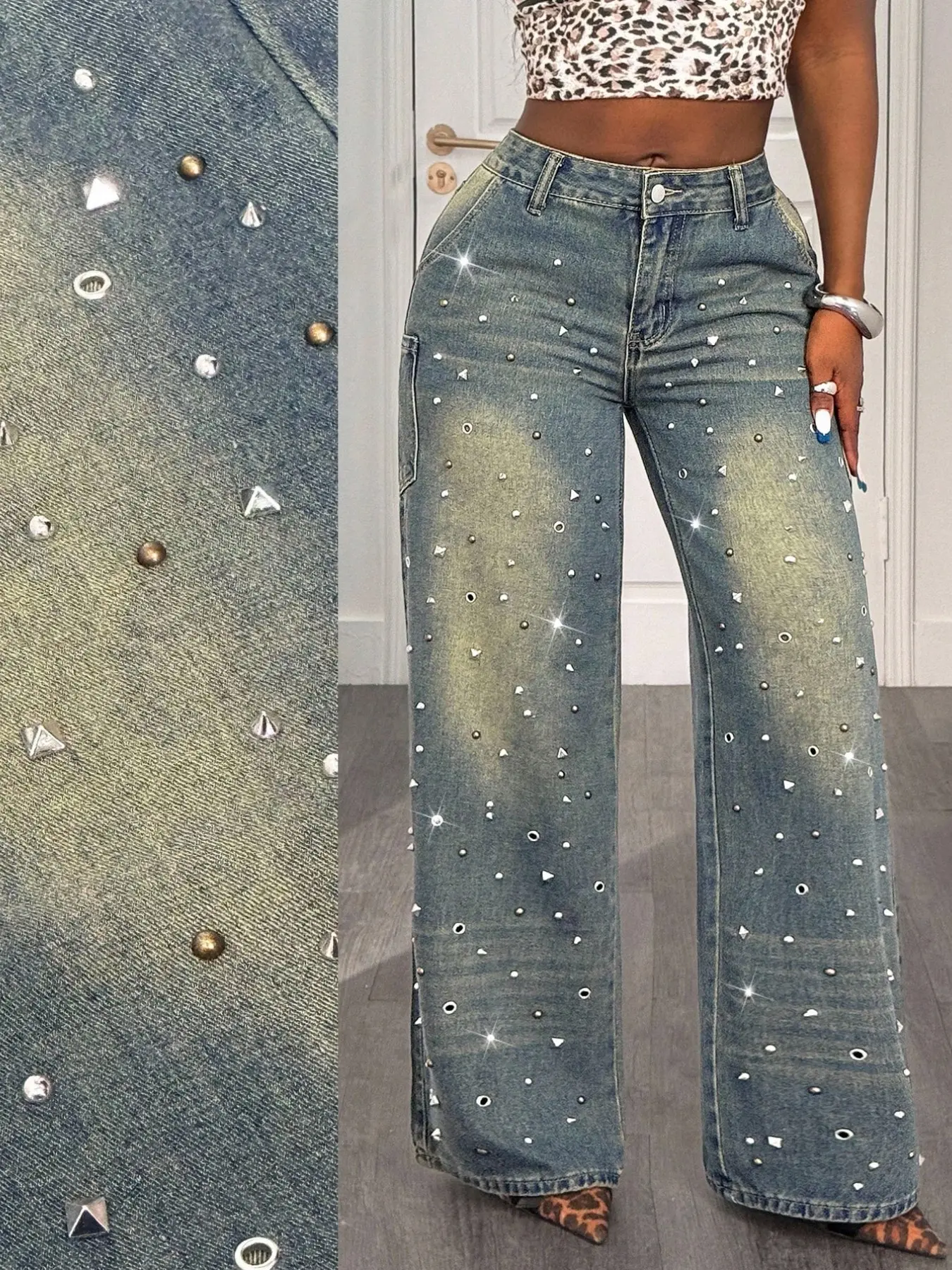 Y2K Style Rivet Rhinestone Loose Wide Leg Denim Jeans Pants, Streetwear Essential, Durable Fabric, Perfect for All Seasons, Trendy Design for Parties