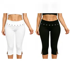 Women High Waist Capri Leggings, Eyelet Waistband Split HemFit Stretchy Workout Yoga Pants