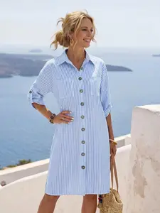Women's Blue White Striped Collared Button Down Shirt Dress, Roll Up Long Sleeve Dual Pocket Loose Midi Dress, Casual Nautical Outfit for Beach Vacation, Brunch, Daily Wear, Office, Travel, Trendy Summer Coastal Streetwear for Ladies