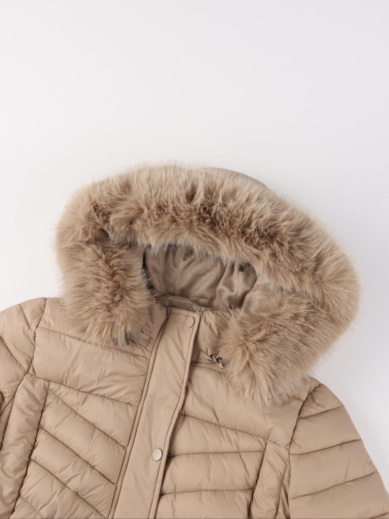 Women's Fall Winter Mid-Length Cotton Coat, Faux Fur Hood and Collar, Casual Fashion Outerwear with Side Pockets and Zipper Design, Quilted Puffer Coat