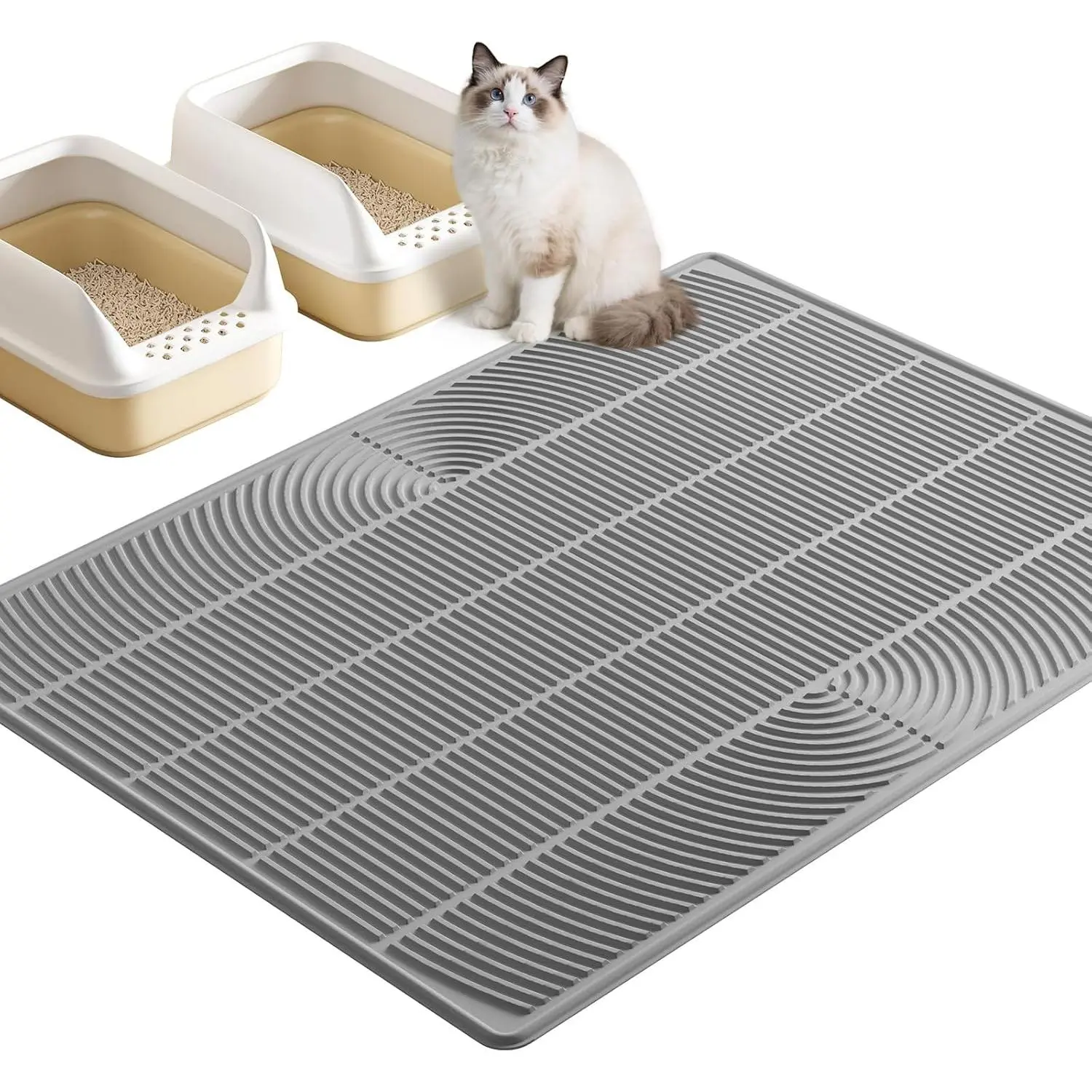 XXL Extra Large Cat Litter Mat, Silicone Litter Box Mat for Floor, Waterproof & Non-Slip, Easy to Clean, Cat Litter Trapping Mat & Kitty Litter Catcher for Scatter Control (Gray)