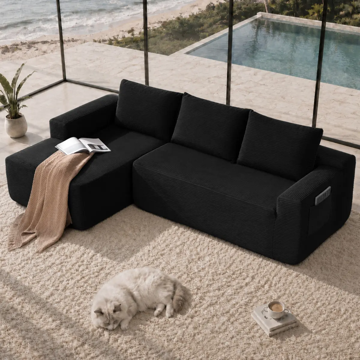 104'' Black Corduroy Modular Cloud Sectional Sofa - L-Shaped Chaise, Deep Seat, Side Pockets, Upholstered Indoor Furniture for Living Room, No Assembly Required