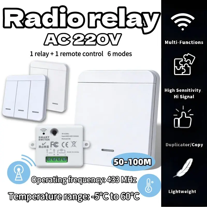 Ac220v 433mhz RF Wireless Remote Relay Switch, Single Channel Receiver Module + Wall Remote Transmitter, Ideal for Home Appliances, Remote Control Light Switch