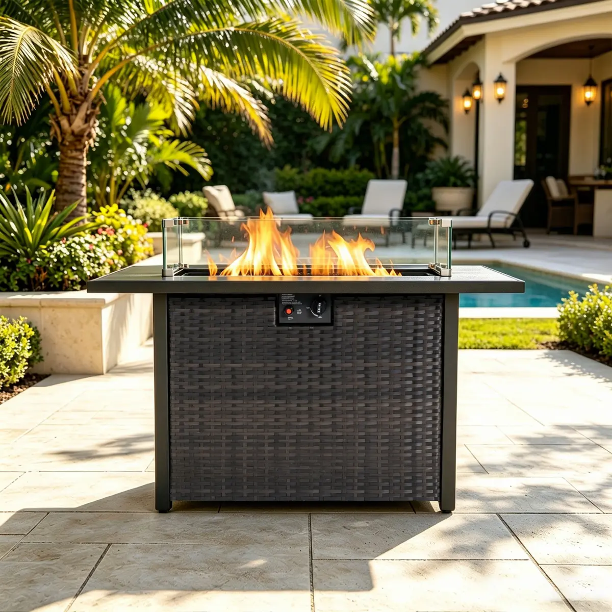 44-Inch Rectangular Propane Fire Pit Table, 50,000 BTU 2-in-1 Outdoor Patio Fire Pit with Tempered Glass Wind Screen, Ideal for Backyard & Garden Parties
