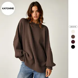KatchMe Women's Basic Solid Color Crew Neck Long Sleeve Top, Casual Exposed Stitches Side Slit Pullover, Versatile Top for Fall & Winter