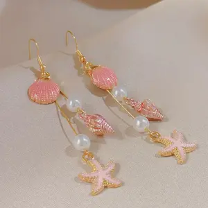 Coastal Starfish Pearl Dangle Earrings for Women, Pink Shell Drop Earrings, Beachcore Summer Jewelry, Lightweight Ocean-Inspired Statement Earrings for Vacation, Cruise, Tropical Party Gifts