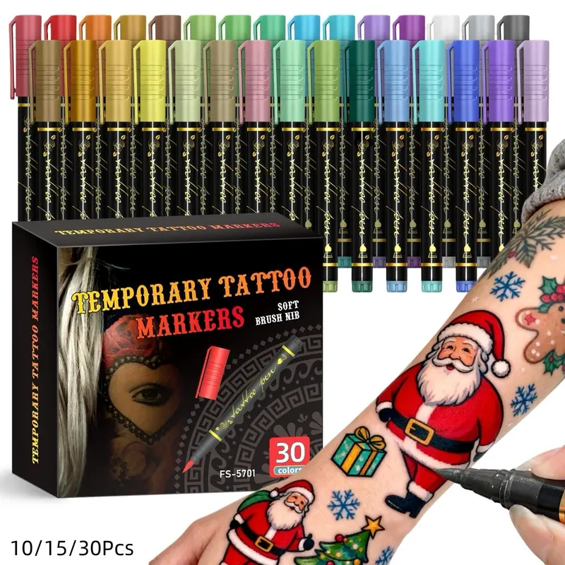 Temporary Tattoo Markers for Skin, 10/15-Count Body Markers 10/15Colors Tattoo Pens,Flexible Brush Tip, Bright colors, Face Paint Kit Cosmetic Quality,Christmas gifts, Body Makeup