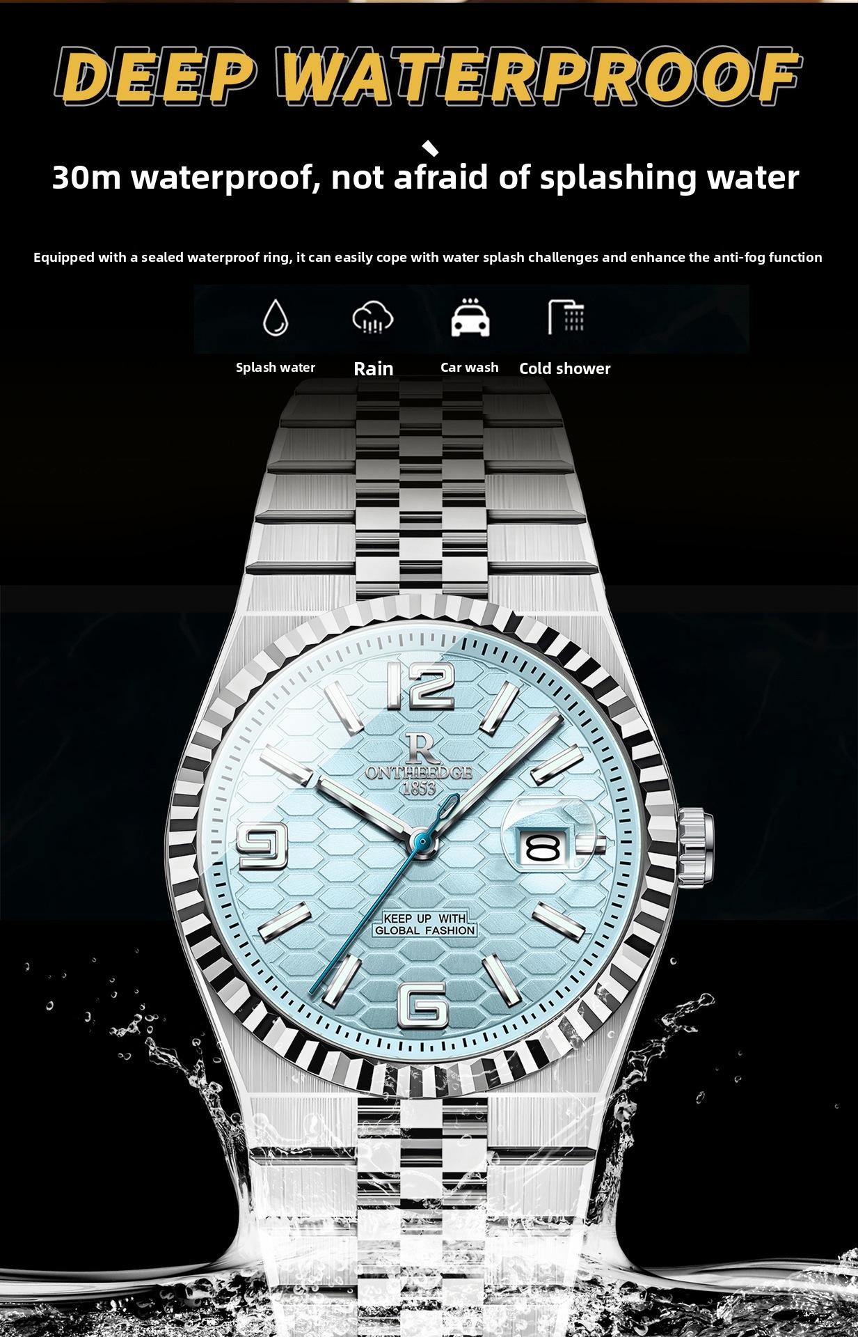Men's Luxury Silver Stainless Steel Quartz Watch - Ice Blue Textured Dial with Fluted Bezel, Date Display, Luminous Hands, Elegant Business Dress Wristwatch, Perfect Gift for Him
