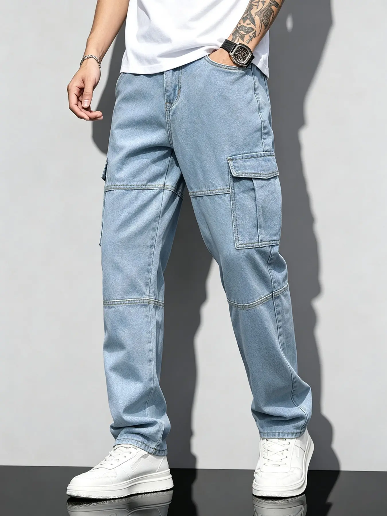 Men's Plain Straight Leg Light Wash Blue Workwear Jeans, Side Pocket Design, Casual Ankle Length, Perfect Gift for Husband and Boyfriend