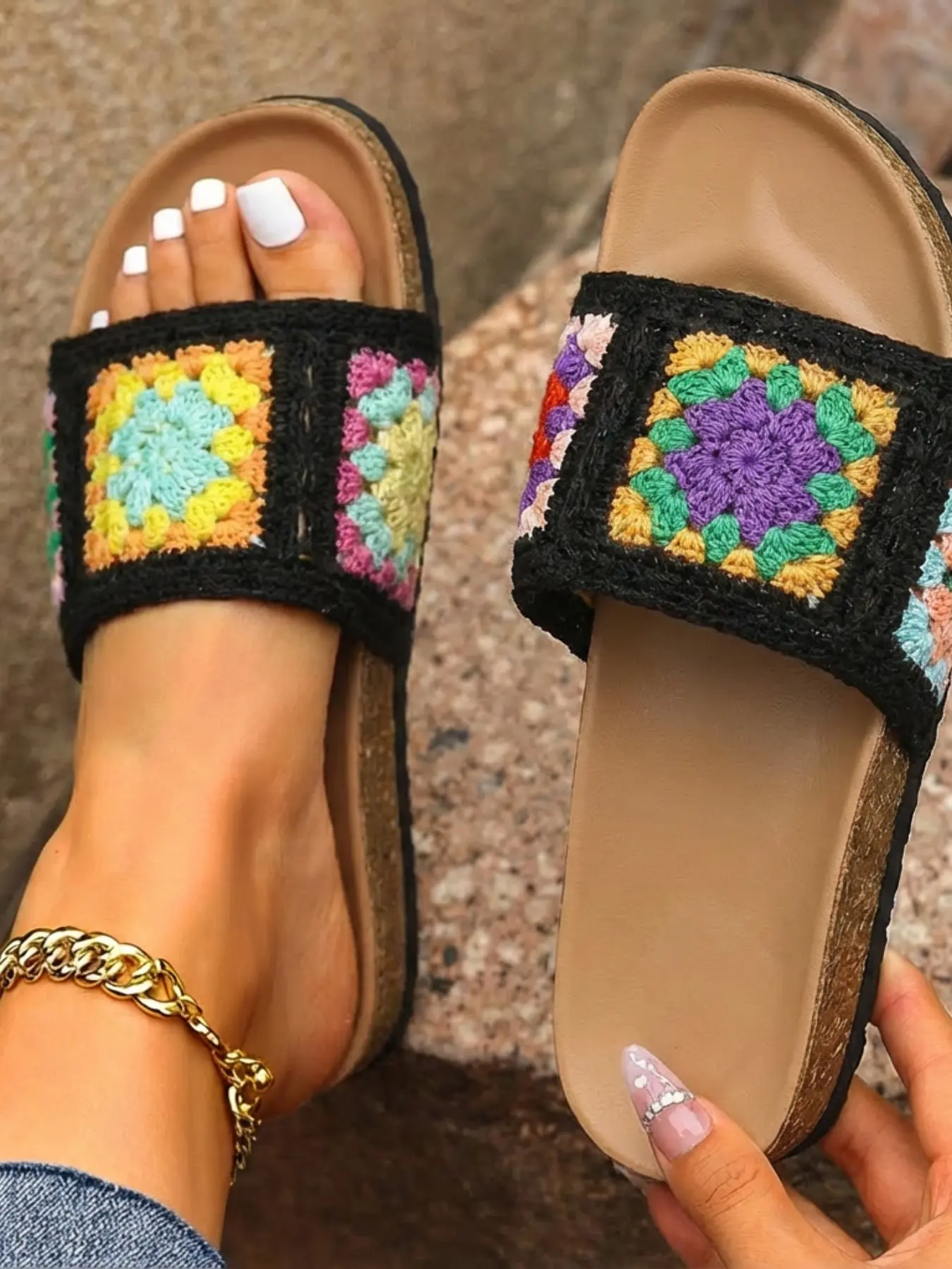 Vintage Handmade Crochet Colorful Band Slippers, Soft Wood Sole No Heel Lazy Sandals, Beach Four Colors Retro Flat Fairy Shoes, Casual Slides