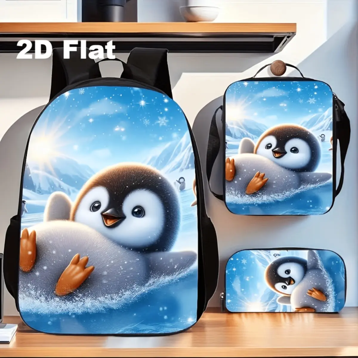 3pcs Cute Penguin Print Backpack Set | Durable Student Bag, Comes with a Matching Crossbody Bag And Pencil Case, Featuring Winter Snowflake Patterns, Lightweight Large Capacity, Zipper Closure, Adjustable Shoulder Straps, For Teenager, Adjustable Straps,
