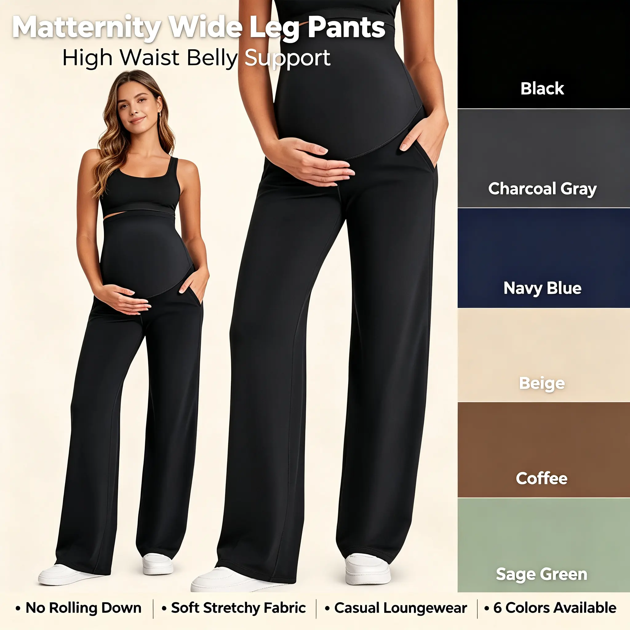 Women Maternity Wide‑Leg Pants, High Waist Belly Support Straight Leg Yoga Trousers, Stretchy Loose Casual Maternity Pants for Pregnant Women Fall Winter Outdoor Wear