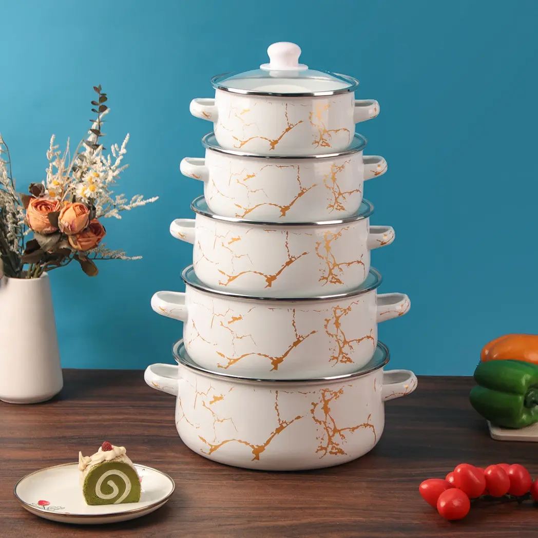 5pcs Marble Pattern Portable Multi-Functional Enamel Cookware Set, Easy Clean Non-Stick Pots, Kitchen & Outdoor Use