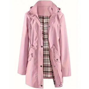 Women's Plus Size Casual Long Sleeve Polyester Hooded Outdoor Coat, Lightweight Tops with Drawstring Waist