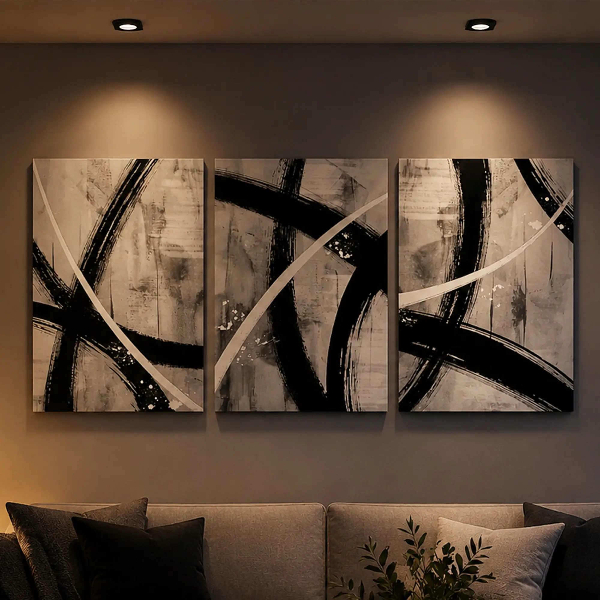 Wall Art 3pcs/set Canvas Geometric Paint Strokes Black Gray White Artistic Print for Bedroom Bathroom Kitchen Living Room Decor with Wooden Frame Easy to Hang UV Resistant Ornaments