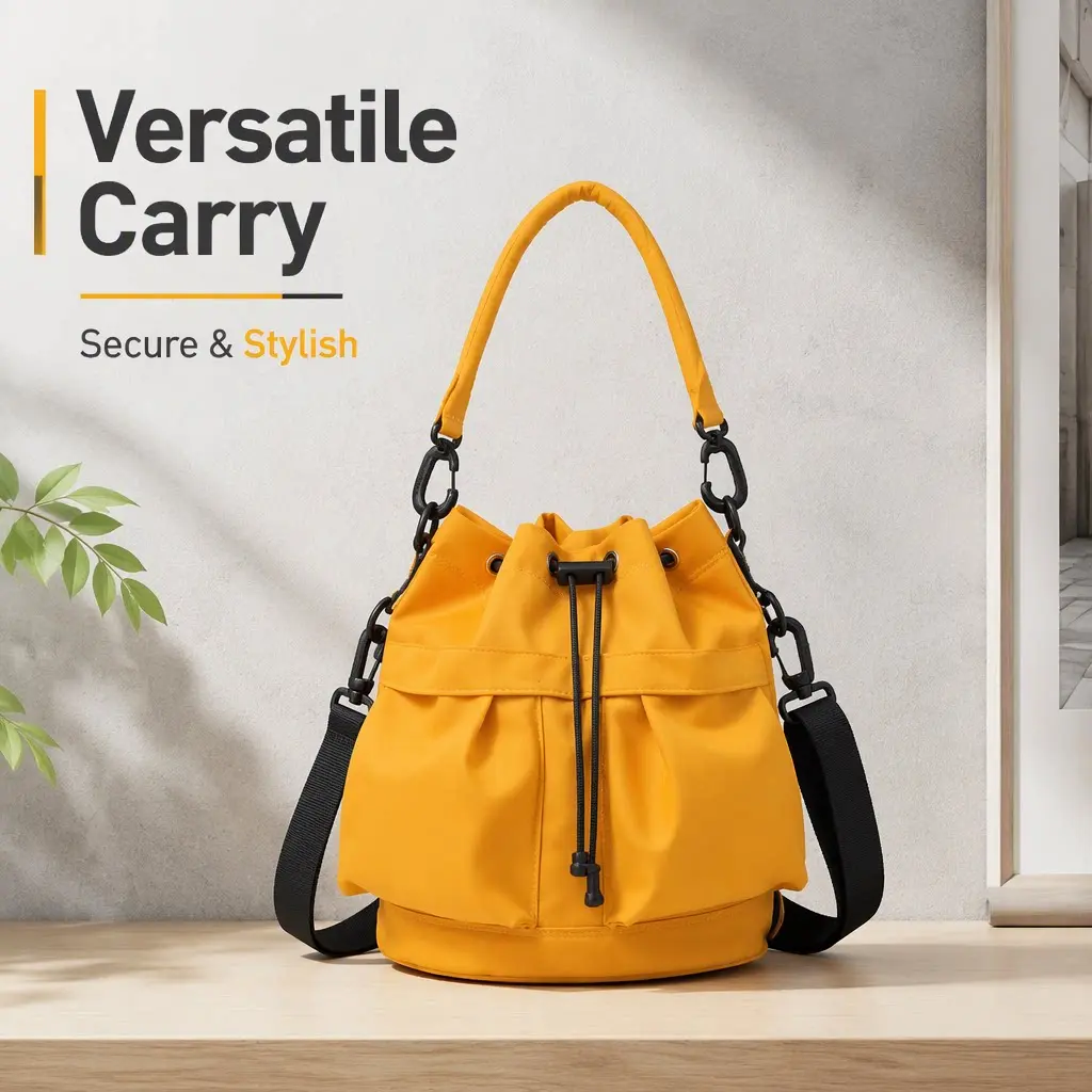 Women’s Nylon Fashionable Drawstring Bucket Bag, Multiway Handbag With Top Handle And Detachable Adjustable Wide Strap, Lightweight High Capacity Crossbody Purse For Daily Commute, School And Casual Outdoor Use