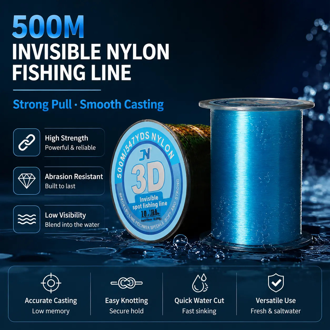 High-Strength Nylon Monofilament Fishing Line for Freshwater and Saltwater Angling – Premium Imported Raw Material, Abrasion-Resistant, Low-Visibility Mainline with Excellent Knot Strength and Smooth Casting Performance